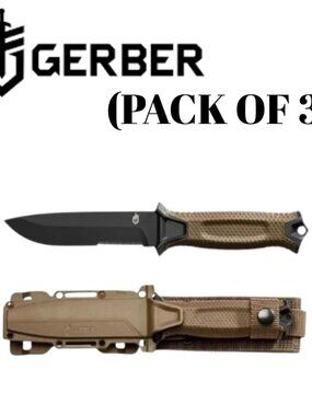 Gerber StrongArm Knife, Coyote Brown Serrated Fixed Blade with Cut - (USA)